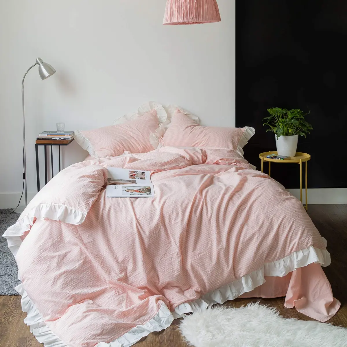 SUSYBAO Pink Ruffle Duvet Cover Queen 100% Washed Cotton | Romantic Farmhouse Bedding - main product image