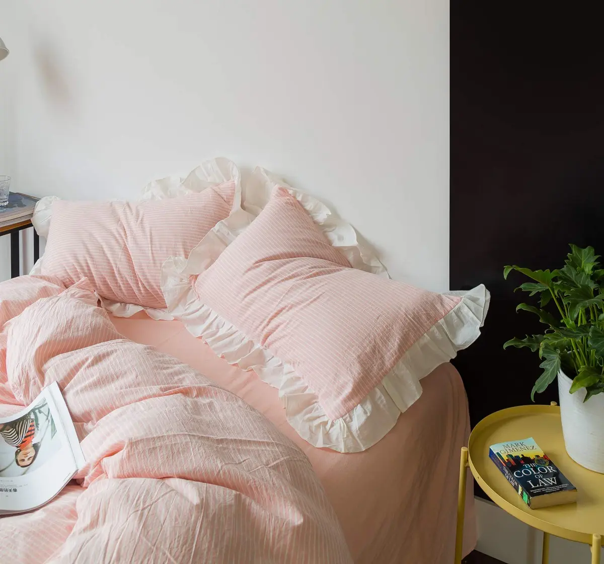 SUSYBAO Pink Ruffle Duvet Cover Queen 100% Washed Cotton | Romantic Farmhouse Bedding - view 5