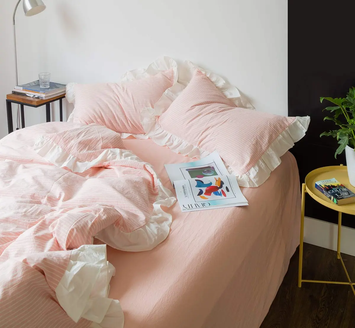SUSYBAO Pink Ruffle Duvet Cover Queen 100% Washed Cotton | Romantic Farmhouse Bedding - view 6