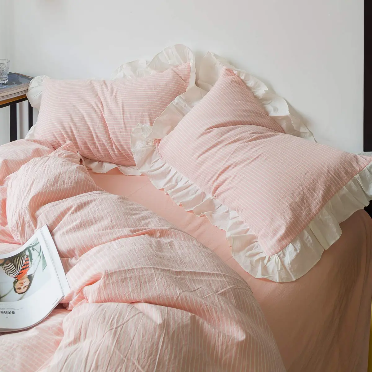 SUSYBAO Pink Ruffle Duvet Cover Queen 100% Washed Cotton | Romantic Farmhouse Bedding - view 2