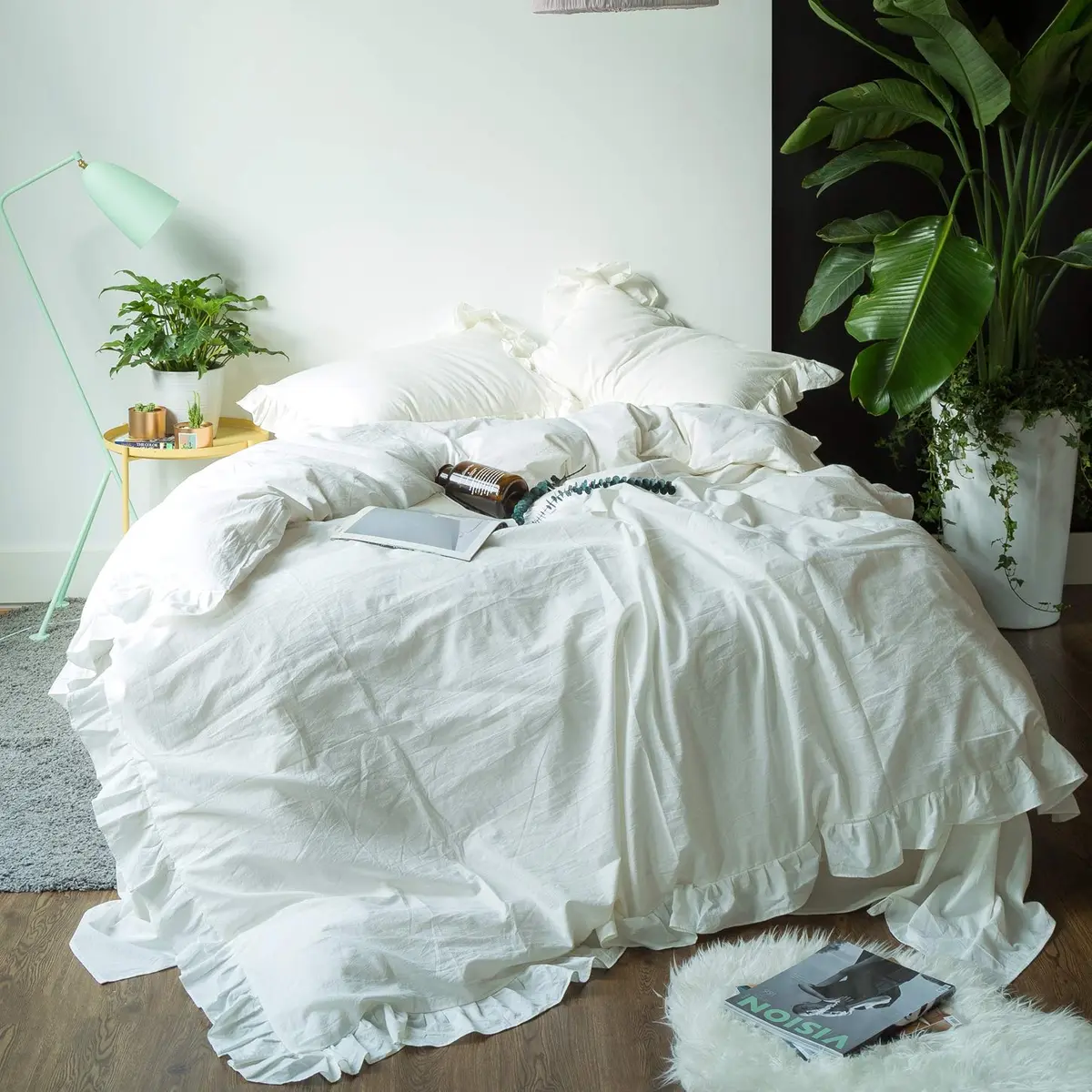 SUSYBAO White Vintage Ruffle Duvet Cover Queen 100% Washed Cotton | Farmhouse Shabby Chic Bedding - main product image