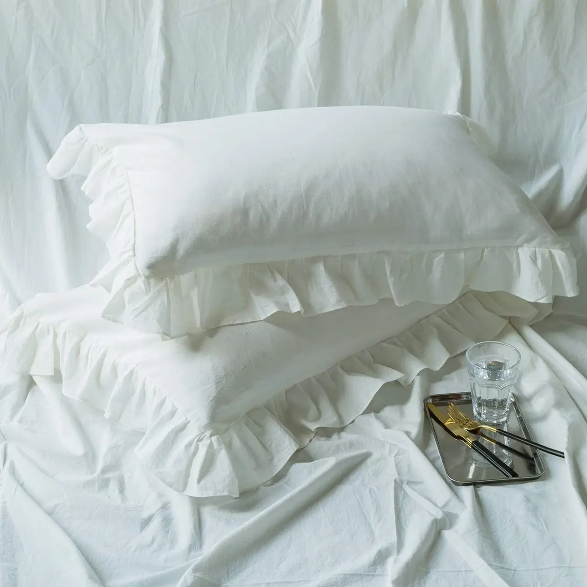 SUSYBAO White Vintage Ruffle Duvet Cover Queen 100% Washed Cotton | Farmhouse Shabby Chic Bedding - view 7