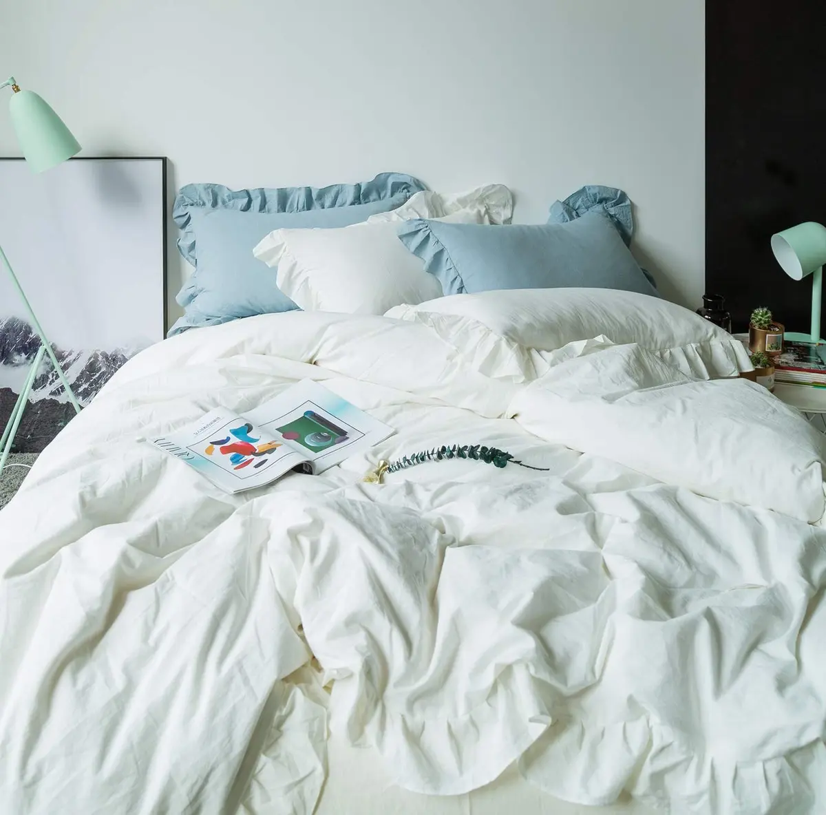 SUSYBAO White Vintage Ruffle Duvet Cover Queen 100% Washed Cotton | Farmhouse Shabby Chic Bedding - view 3