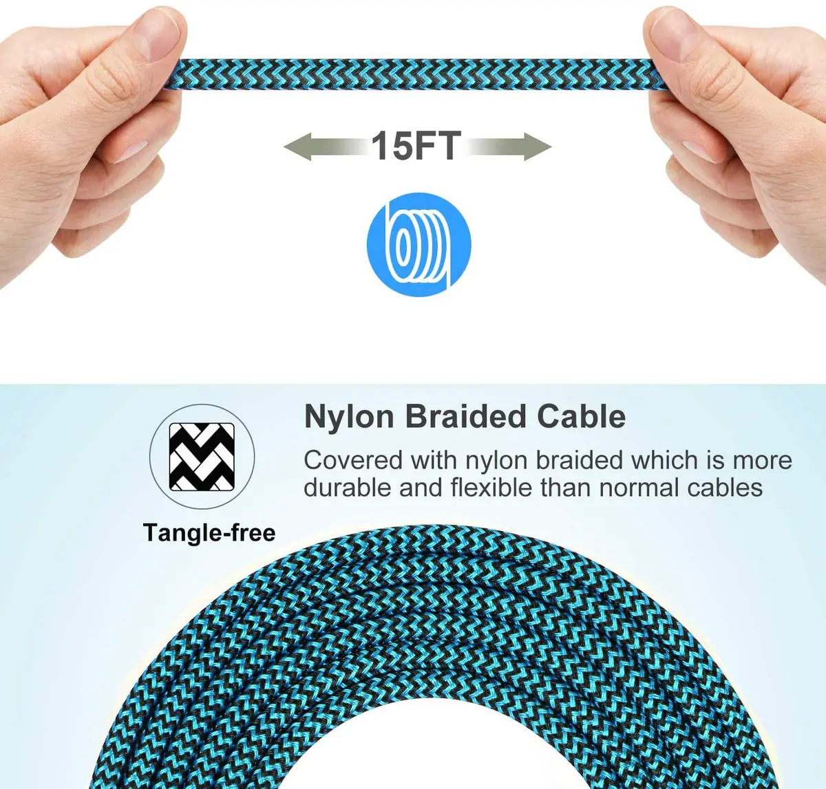 RoFI Black Micro USB Cable 4.57m (15ft) | Fast Charging 3A, Durable Nylon Braided Cord - view 3