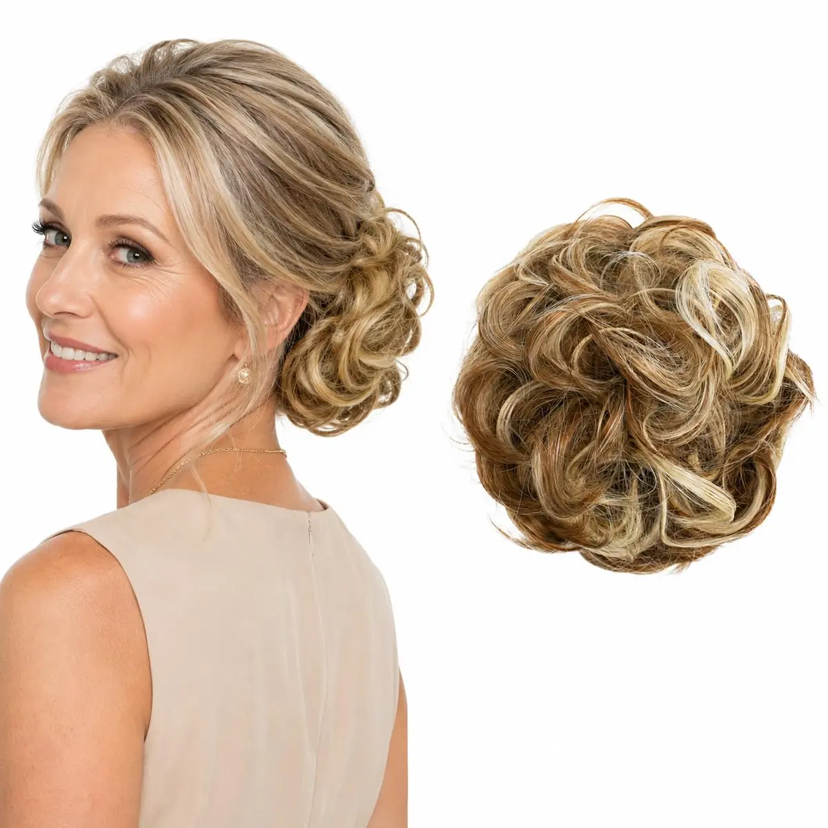 CAISHA Synthetic Scrunchie Donut Hair Piece Updo Brown Blond Mix G32E | Heat-Resistant, Washable, Real-Hair Feel - main product image