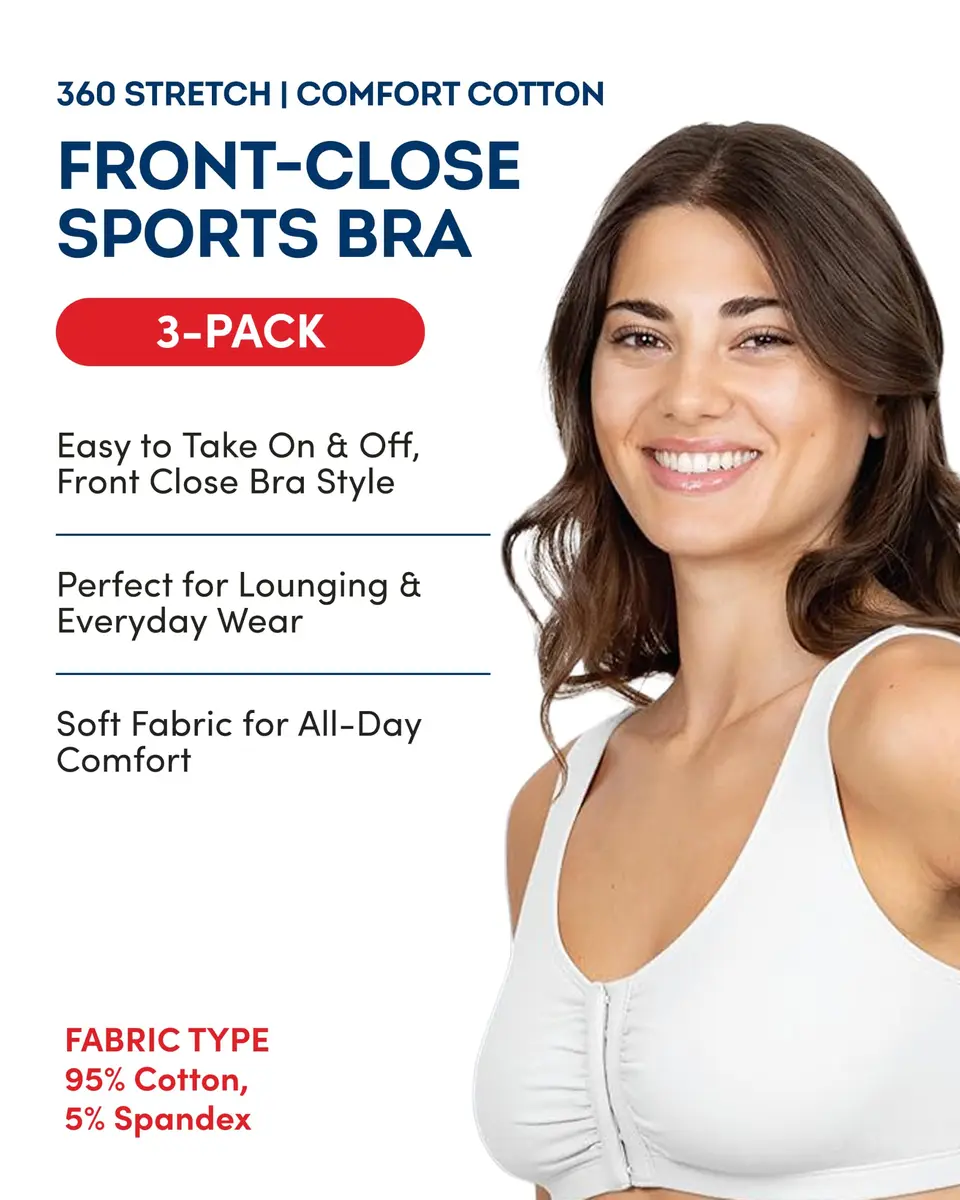 Fruit of the Loom Women's Front-Close Sports Bra Multi-Pack | Soft Cotton, Easy On & Off, Full Coverage (70-120 chars) - view 3