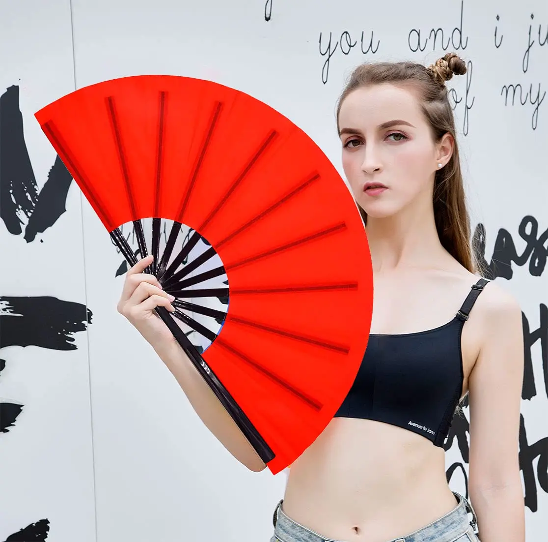 Amajiji Large Folding Hand Fan Rave Fan, Red 35cm (13.78 inches) | Easy Open Nylon Cloth for Dance & Festivals - view 5