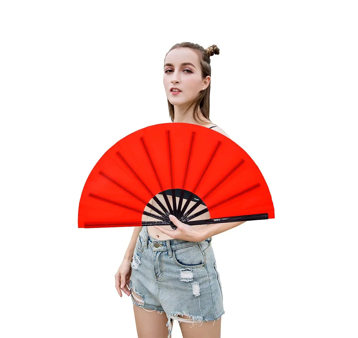 Amajiji Large Folding Hand Fan Rave Fan, Red 35cm (13.78 inches) | Easy Open Nylon Cloth for Dance & Festivals - view 6