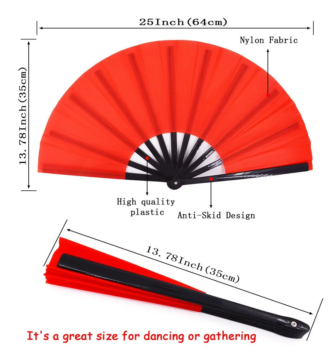Amajiji Large Folding Hand Fan Rave Fan, Red 35cm (13.78 inches) | Easy Open Nylon Cloth for Dance & Festivals - view 2