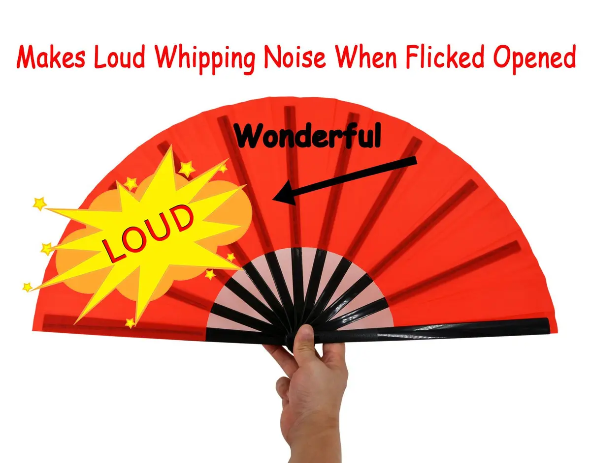 Amajiji Large Folding Hand Fan Rave Fan, Red 35cm (13.78 inches) | Easy Open Nylon Cloth for Dance & Festivals - view 3