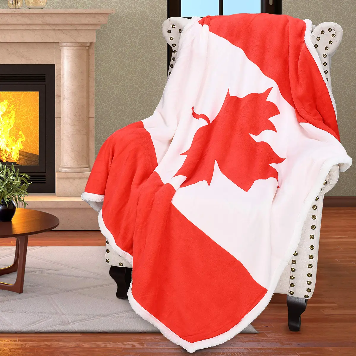 Catalonia Sherpa Fleece Blanket 60” x 50” | Reversible Polar Throw with Canada Flag Pattern - main product image
