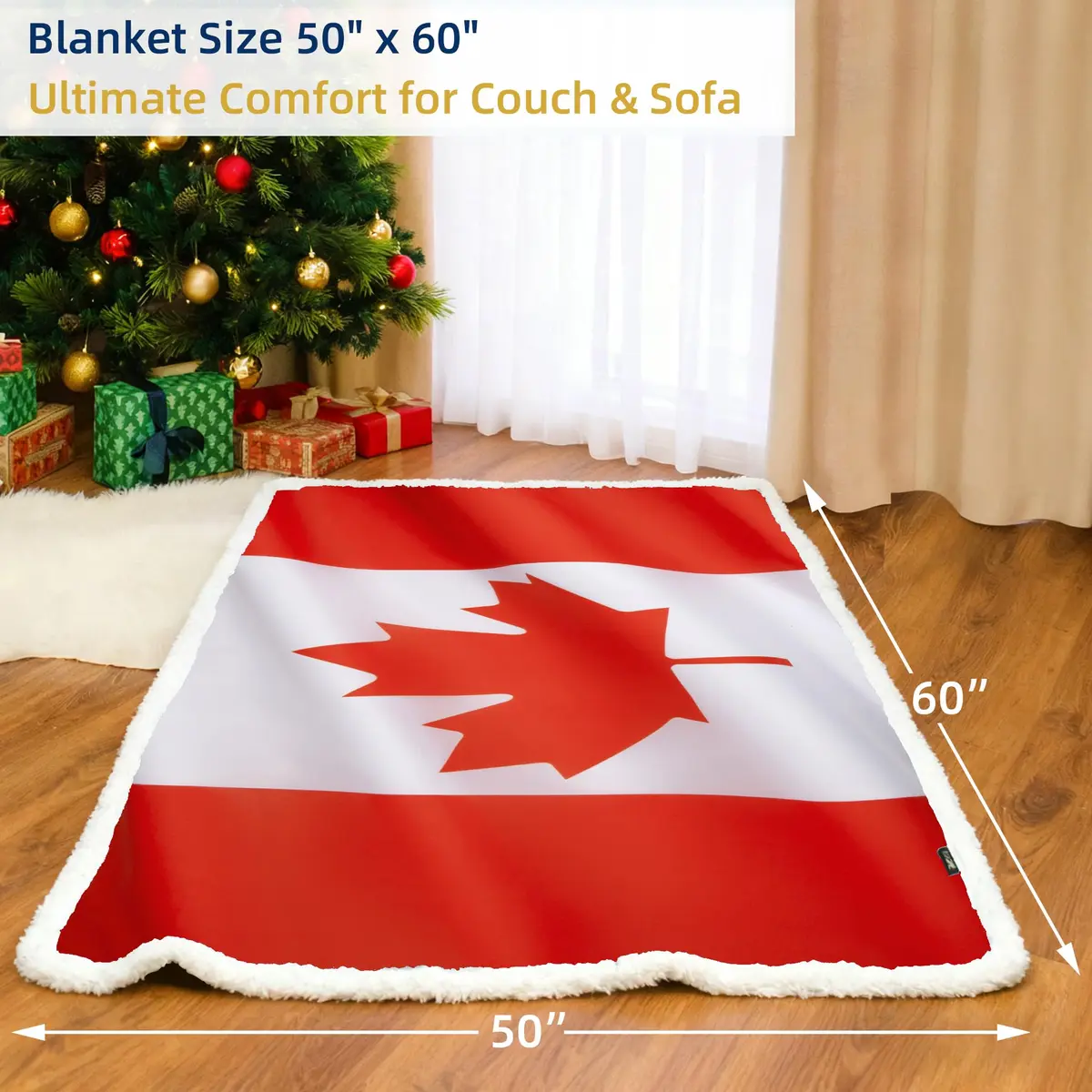 Catalonia Sherpa Fleece Blanket 60” x 50” | Reversible Polar Throw with Canada Flag Pattern - view 7