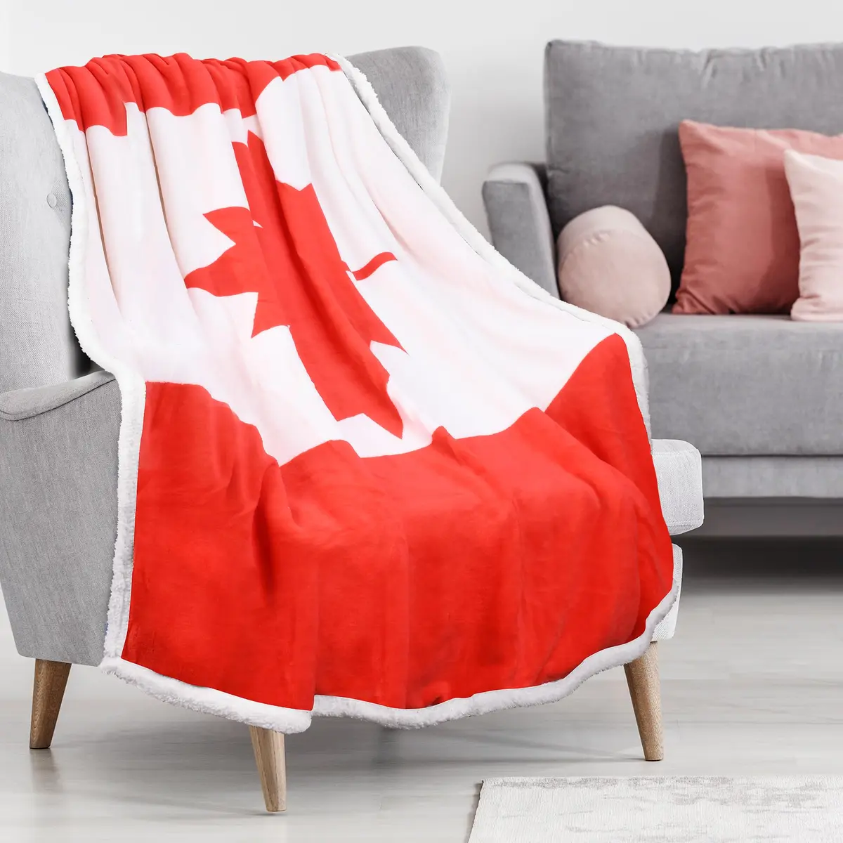 Catalonia Sherpa Fleece Blanket 60” x 50” | Reversible Polar Throw with Canada Flag Pattern - view 4