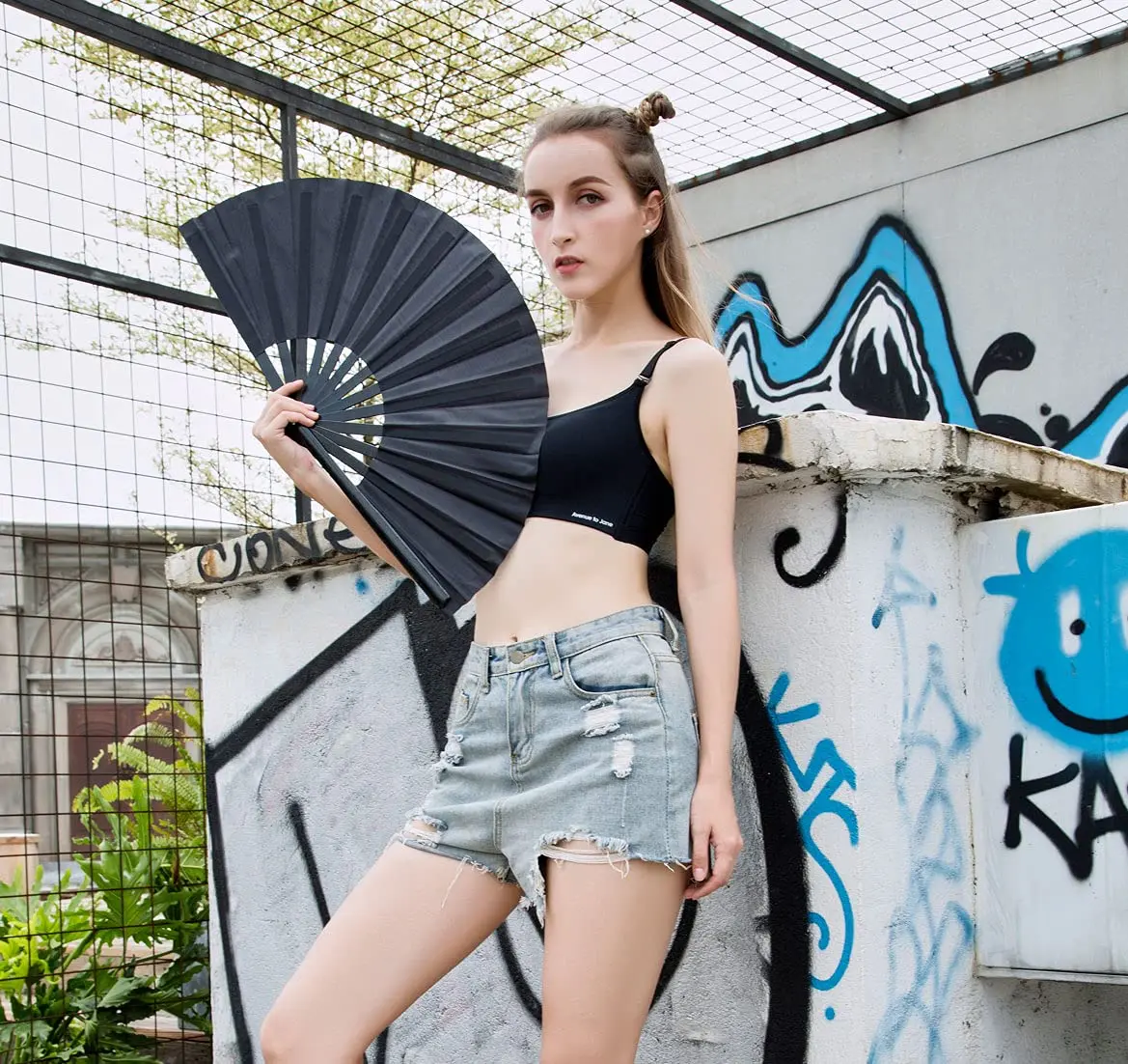 Amajiji Large Folding Fan Black | Elegant Japanese/Chinese Hand Fan for Women (35cm) - view 5