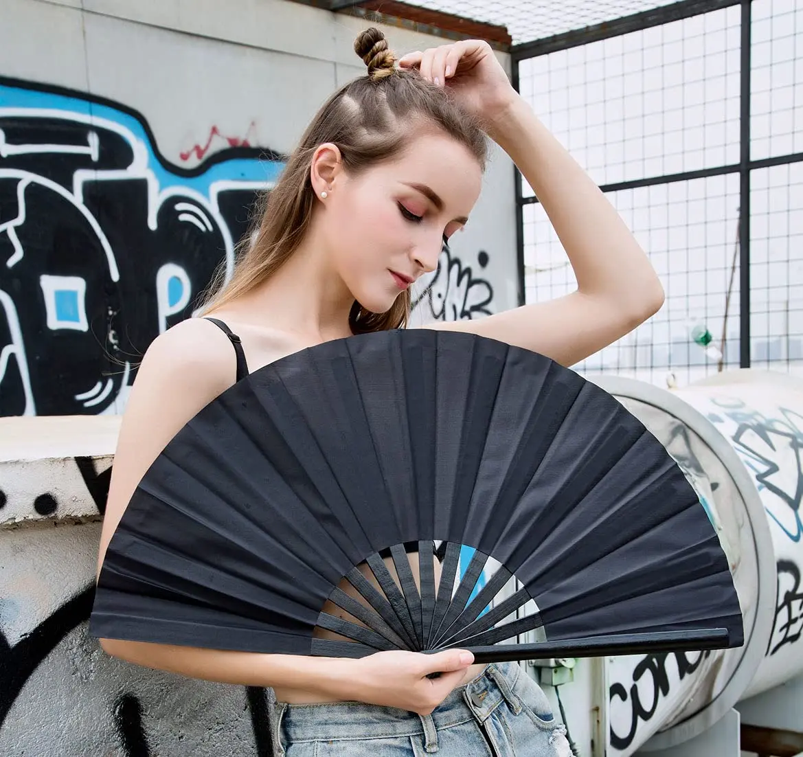 Amajiji Large Folding Fan Black | Elegant Japanese/Chinese Hand Fan for Women (35cm) - view 6