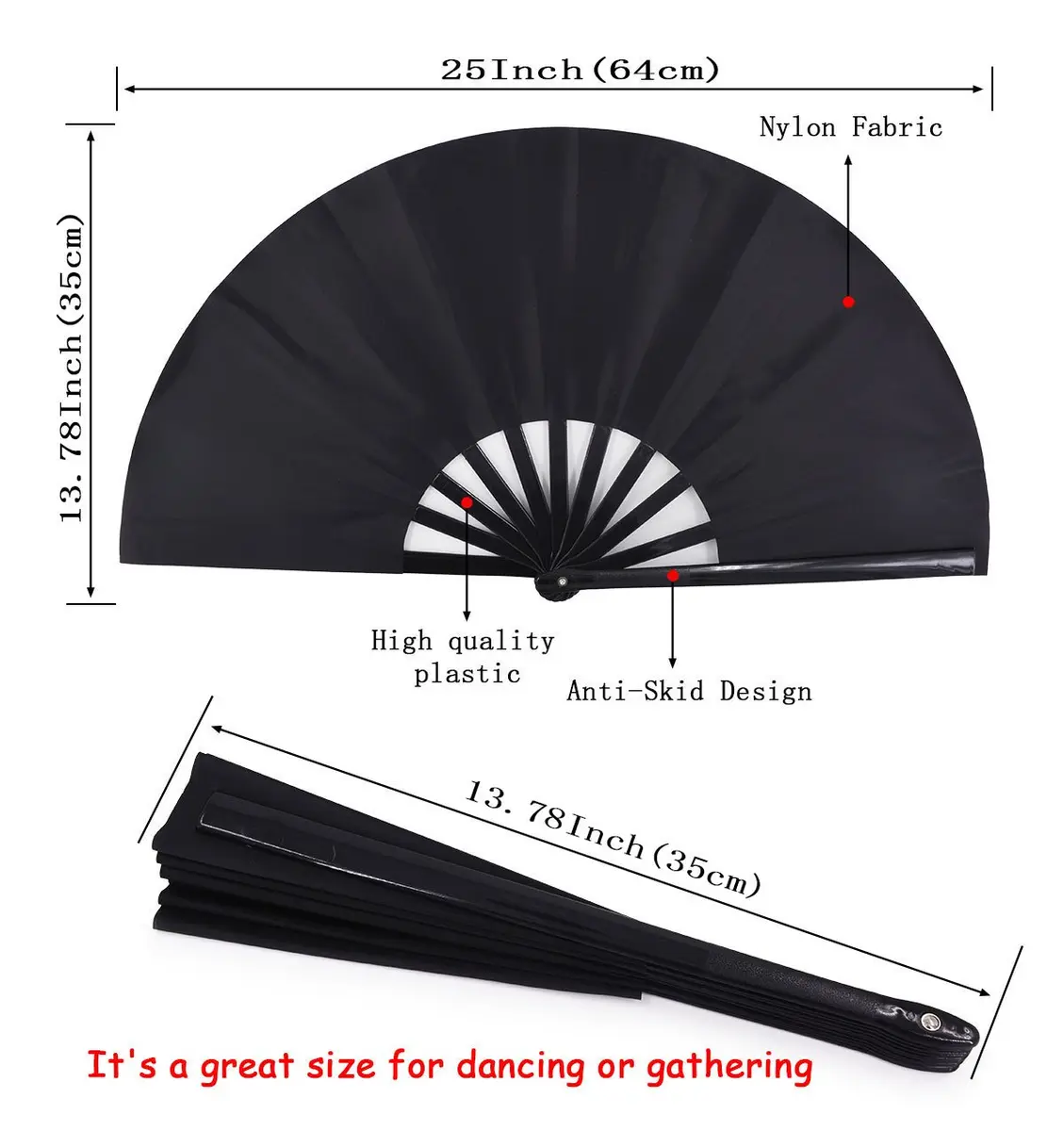 Amajiji Large Folding Fan Black | Elegant Japanese/Chinese Hand Fan for Women (35cm) - view 2