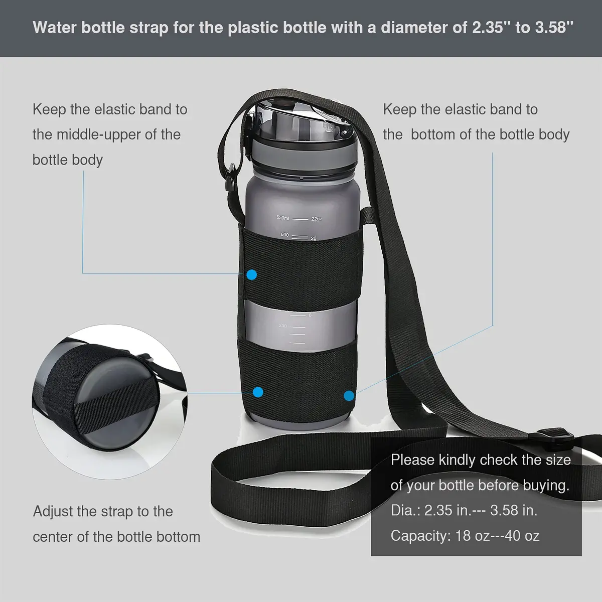 OYATON Water Bottle Carrier with Adjustable Strap, Universal Bottle Sling (1 Unit) | Holds Bottles 5.7cm-9.6cm Diameter - view 2