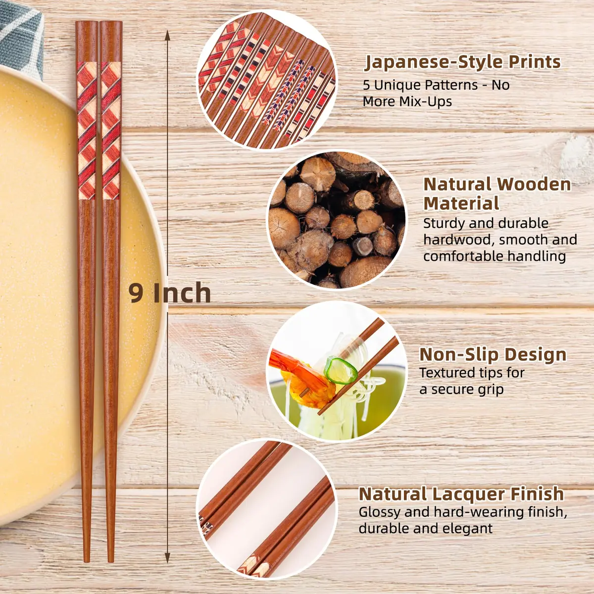 Antner Handmade Japanese Natural Wooden Chopsticks Gift Set with Box, 5 Pairs, 22.8 cm (9 inches) - view 2