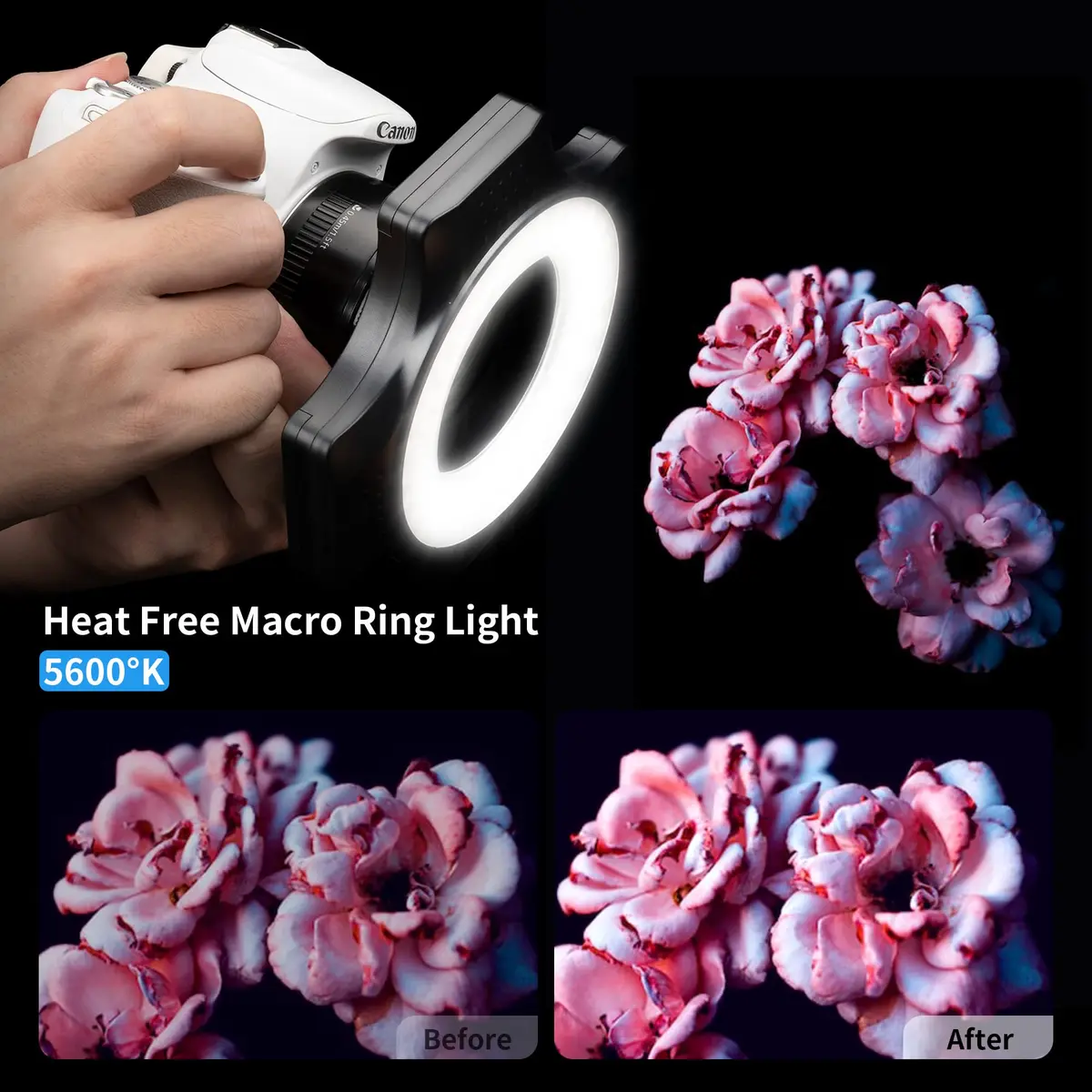 JJC Macro Ring Light with 49/52/55/58/62/67mm Adapter Rings | Bright Macro & Portrait Lighting - view 2