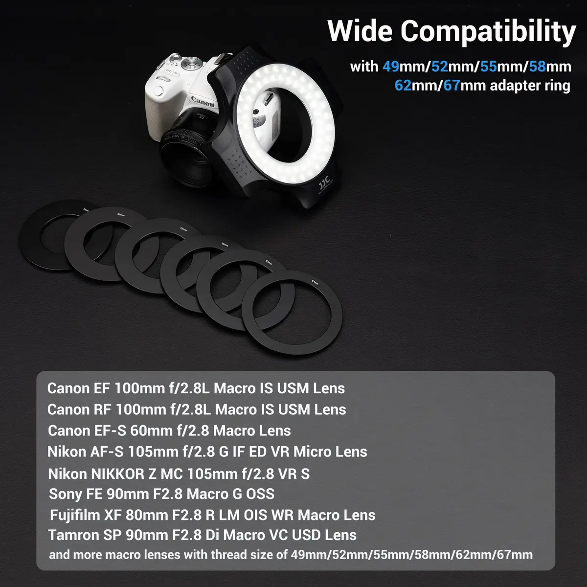 JJC Macro Ring Light with 49/52/55/58/62/67mm Adapter Rings | Bright Macro & Portrait Lighting - view 4