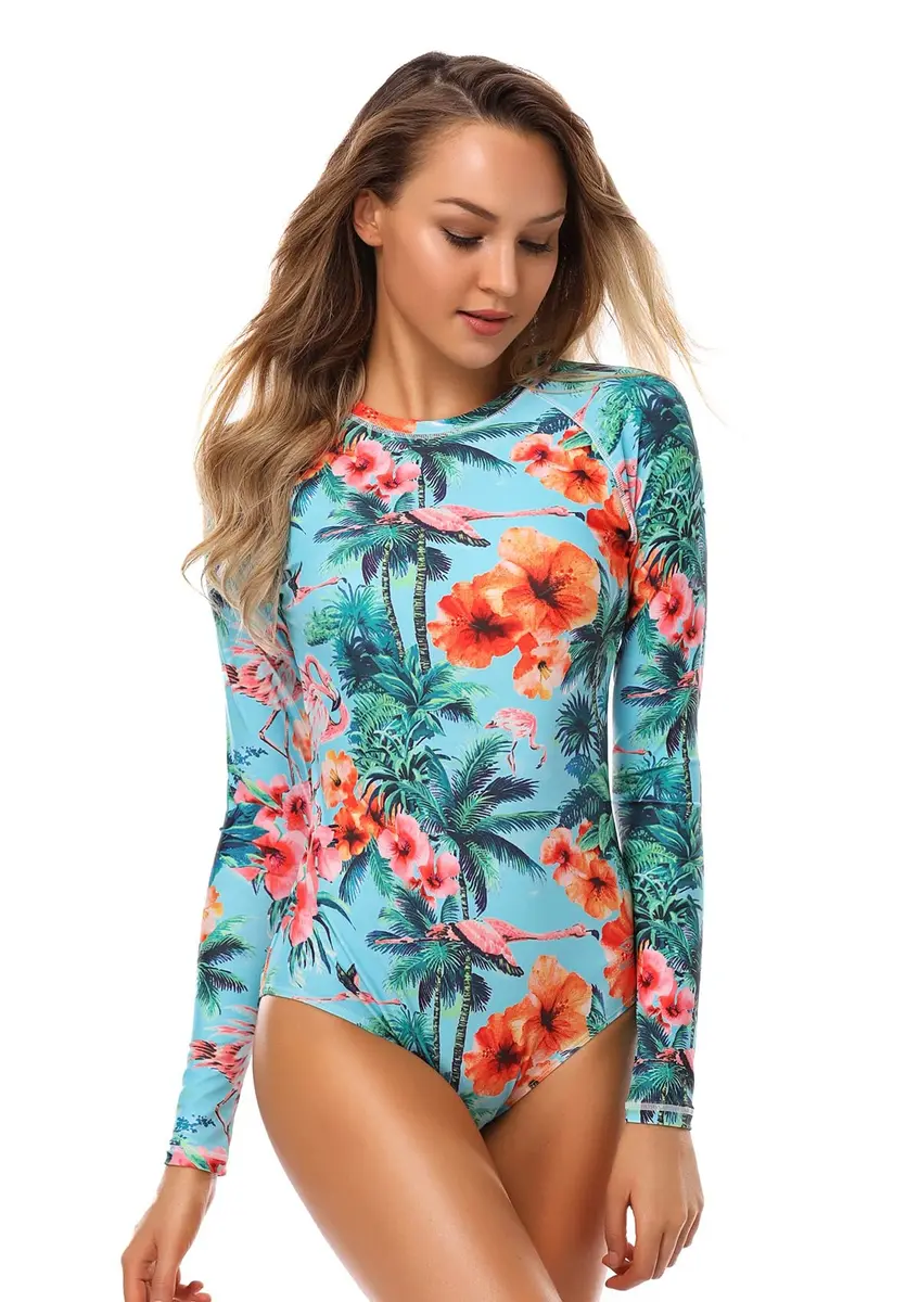AXESEA Womens Long Sleeve Rash Guard UV UPF 50+ Sun Protection Printed Zipper Surfing One Piece Swimsuit Bathing Suit | UV UPF 50+ Sun Protection - view 3