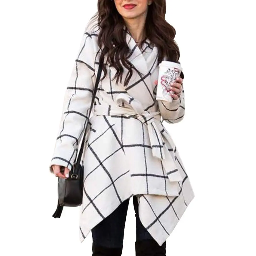 CHICWISH Wool Blend Coat Size XXXL | Off-White Geometric Wool Coat with Asymmetric Hemline - main product image