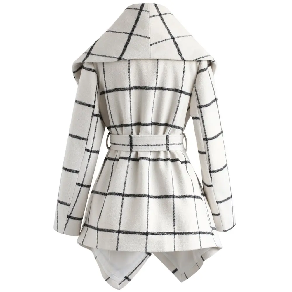 CHICWISH Wool Blend Coat Size XXXL | Off-White Geometric Wool Coat with Asymmetric Hemline - view 5