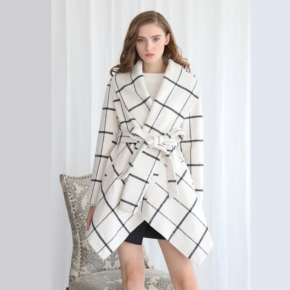 CHICWISH Wool Blend Coat Size XXXL | Off-White Geometric Wool Coat with Asymmetric Hemline - view 2