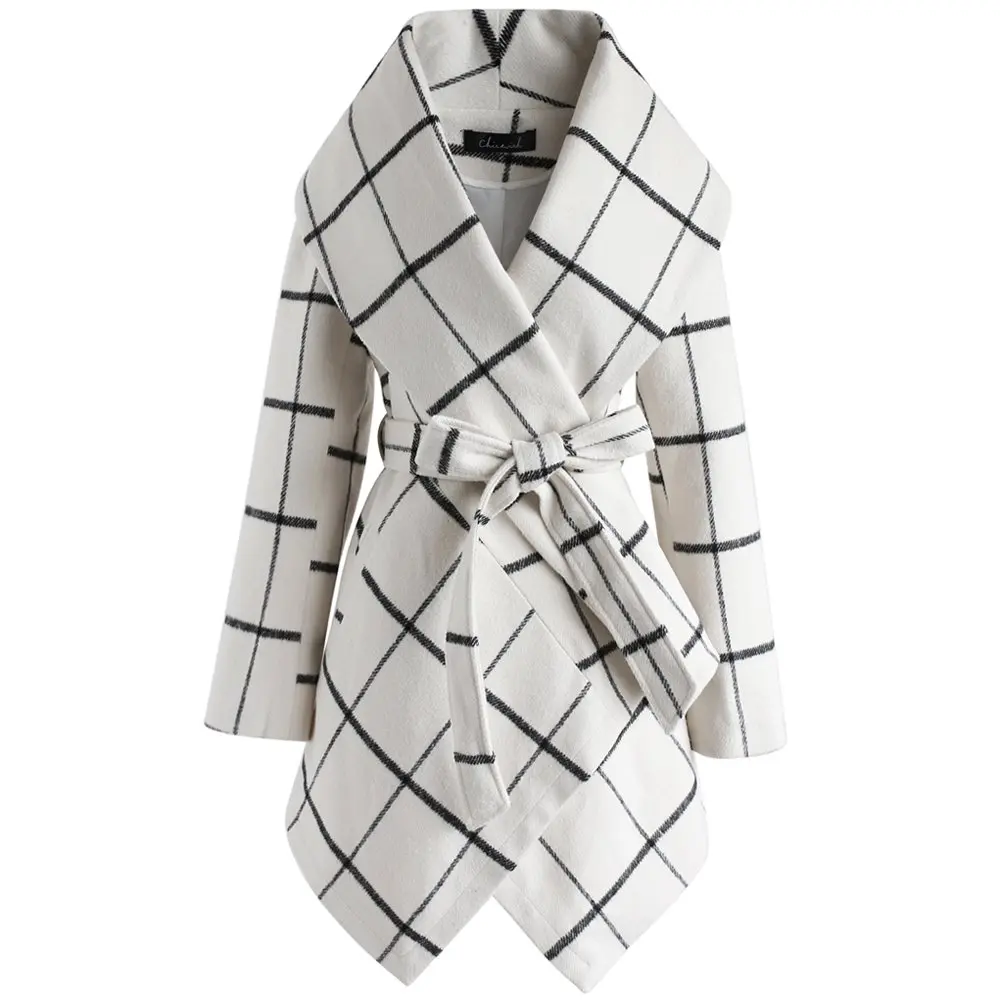 CHICWISH Wool Blend Coat Size XXXL | Off-White Geometric Wool Coat with Asymmetric Hemline - view 3