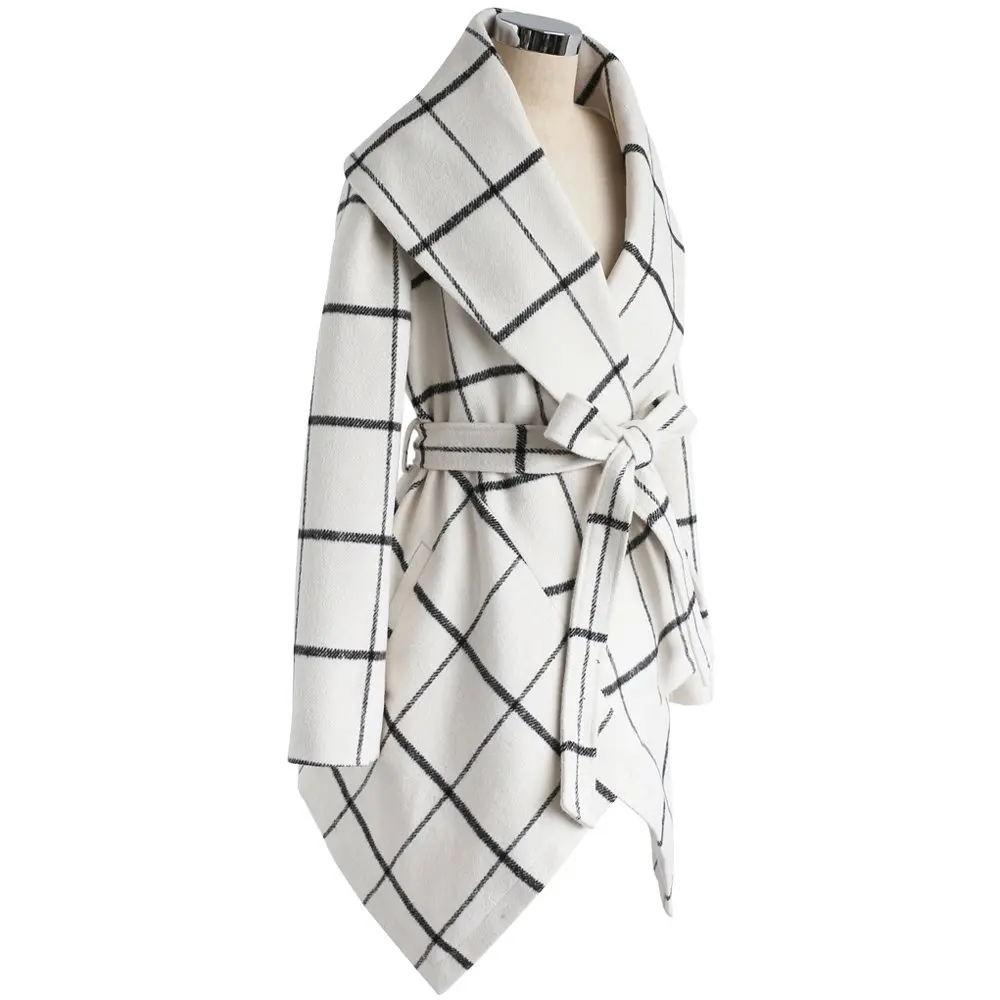 CHICWISH Wool Blend Coat Size XXXL | Off-White Geometric Wool Coat with Asymmetric Hemline - view 4