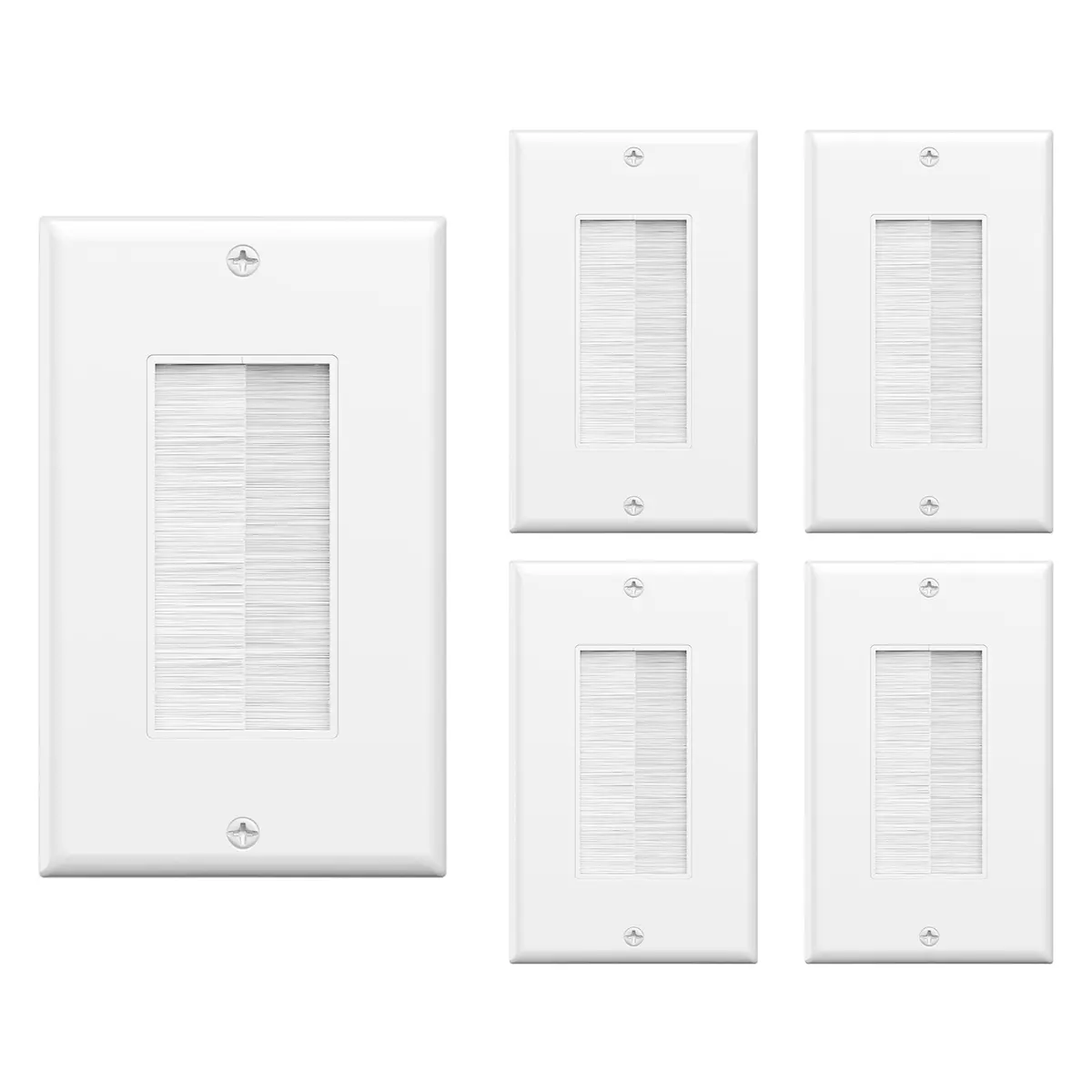 VCE Single Gang Brush Wall Plate Cable Pass Through White, 5-Pack | Routes HDMI, Coax, Speaker, Network Cables, behind Wall Mount TV - main product image