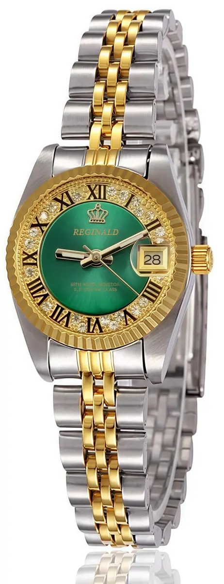 MASTOP Women's Quartz Watch 26mm (1 inch) Silver & Gold Two Tone Stainless Steel Dress Bracelet Watch with Green Dial | Luminous Hands - main product image