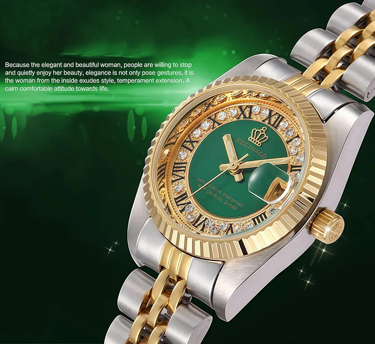 MASTOP Women's Quartz Watch 26mm (1 inch) Silver & Gold Two Tone Stainless Steel Dress Bracelet Watch with Green Dial | Luminous Hands - view 2