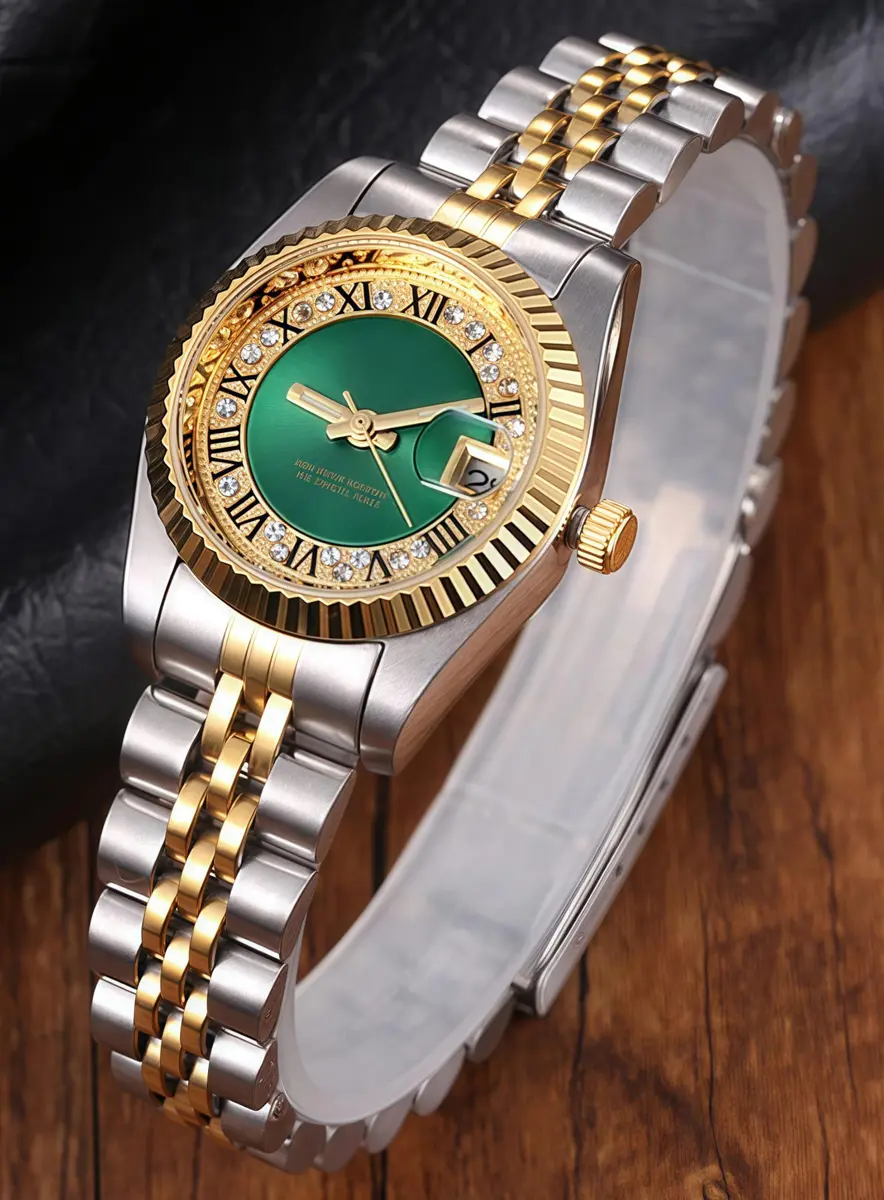MASTOP Women's Quartz Watch 26mm (1 inch) Silver & Gold Two Tone Stainless Steel Dress Bracelet Watch with Green Dial | Luminous Hands - view 4