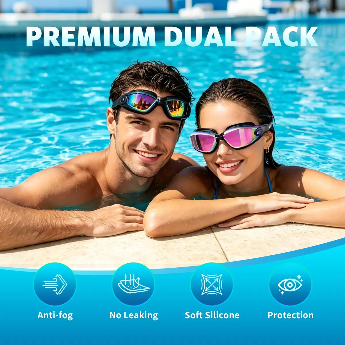 Aegend Swim Goggles 2 Pack Aqua & Light Blue | Anti-Fog UV Protection for Adult Men Women - view 2