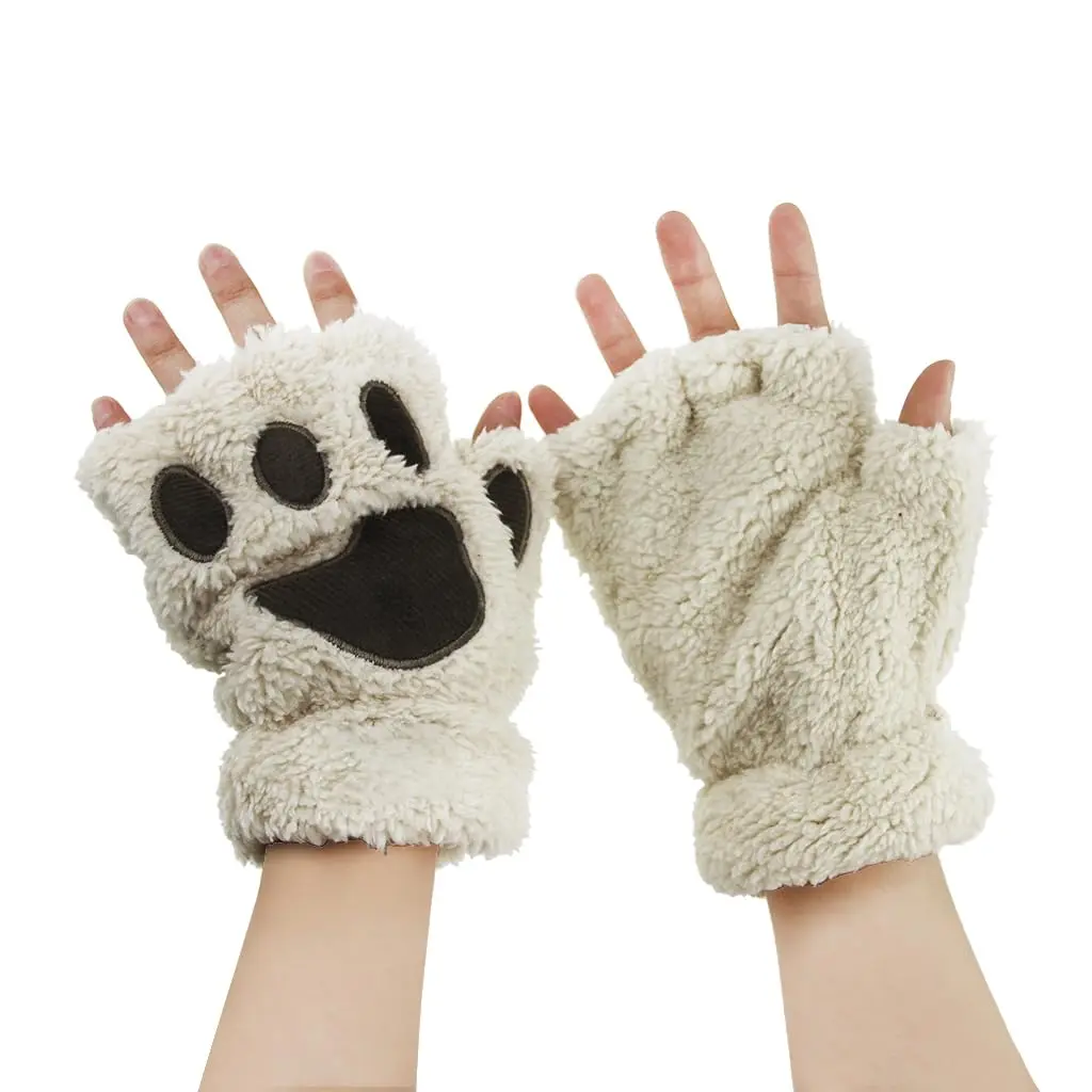 Ylucky Girls Cartoon Bear Claw Gloves Half Finger Paw Gloves Winter Warm Plush Faux Fur Mittens Hand Wear | Cute Animal Design for Cold Weather - main product image