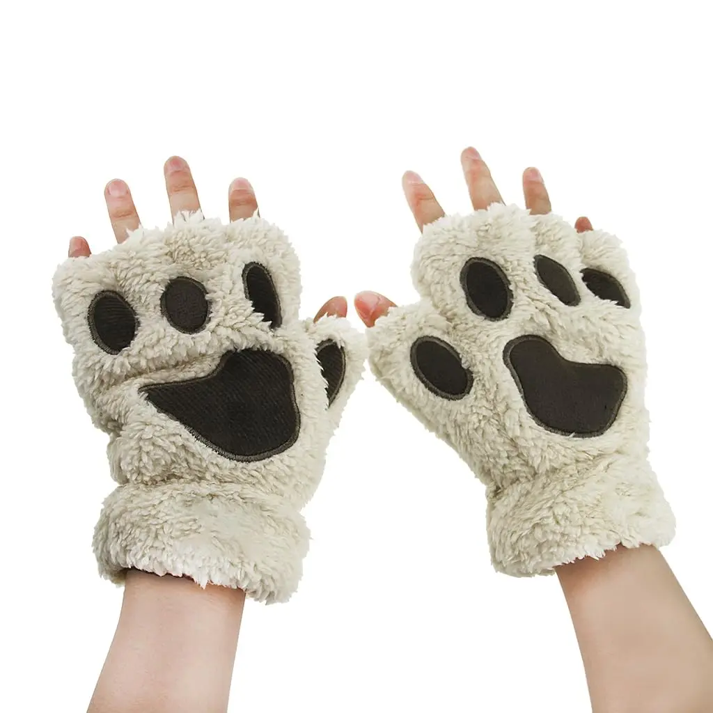 Ylucky Girls Cartoon Bear Claw Gloves Half Finger Paw Gloves Winter Warm Plush Faux Fur Mittens Hand Wear | Cute Animal Design for Cold Weather - view 2