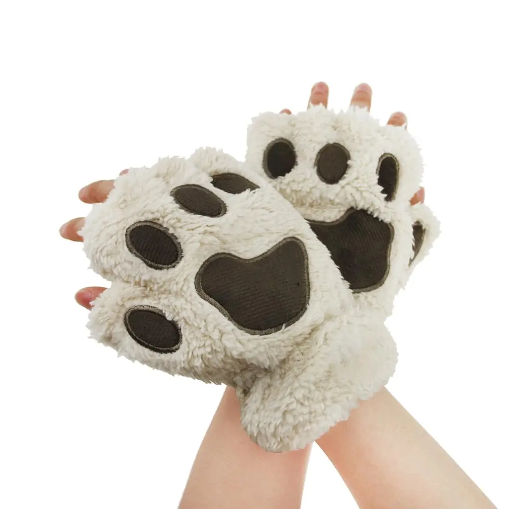 Ylucky Girls Cartoon Bear Claw Gloves Half Finger Paw Gloves Winter Warm Plush Faux Fur Mittens Hand Wear | Cute Animal Design for Cold Weather - view 3