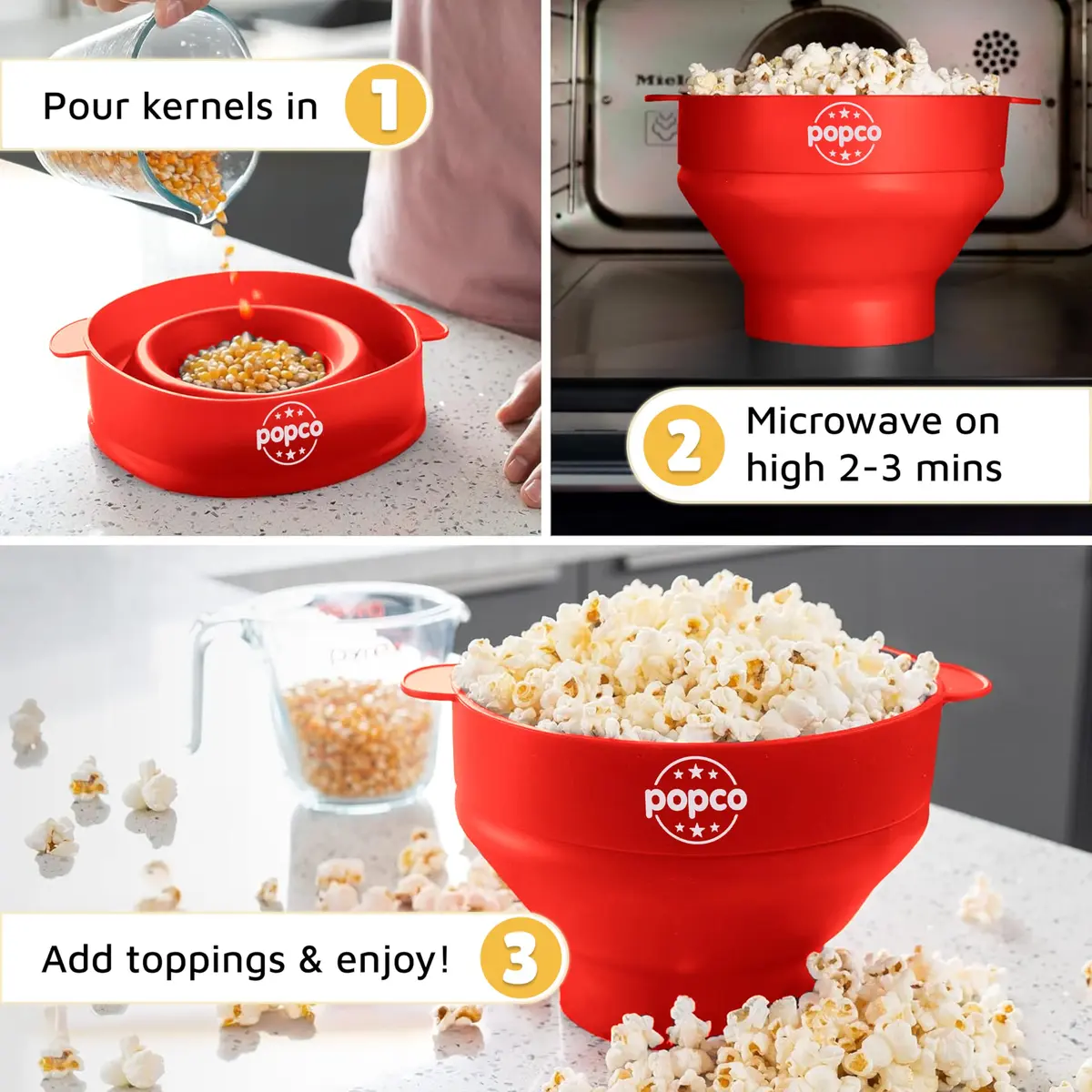 POPCO Red Microwave Popcorn Bowl - Collapsible Silicone Popper with Handles, 15 Cup Capacity | Healthy Snacks in Minutes - view 5