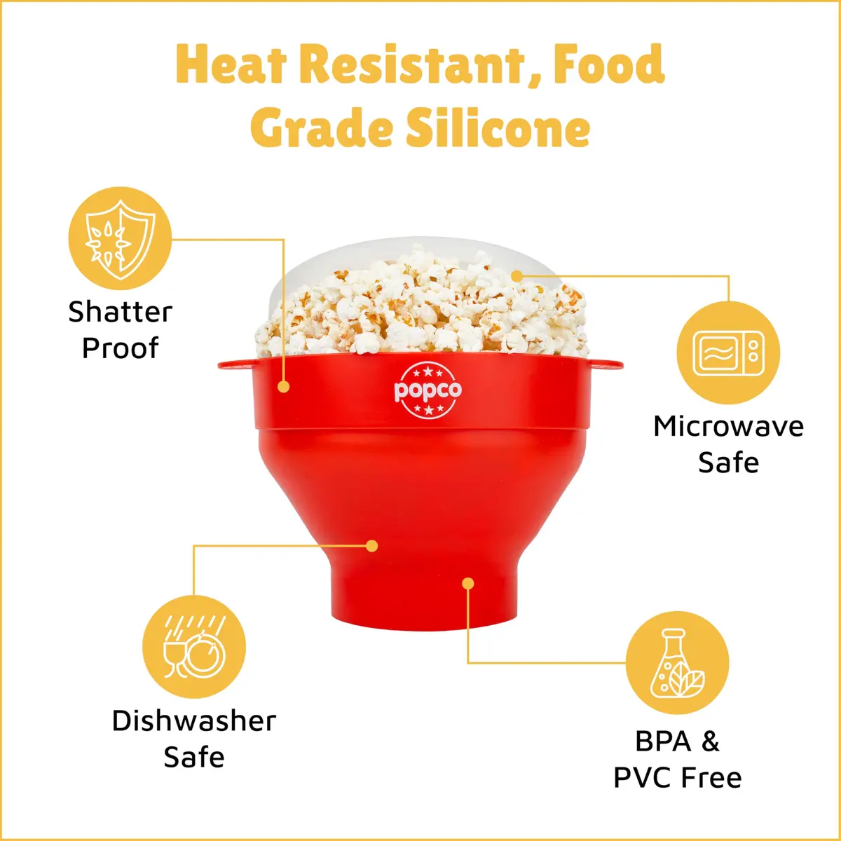 POPCO Red Microwave Popcorn Bowl - Collapsible Silicone Popper with Handles, 15 Cup Capacity | Healthy Snacks in Minutes - view 6