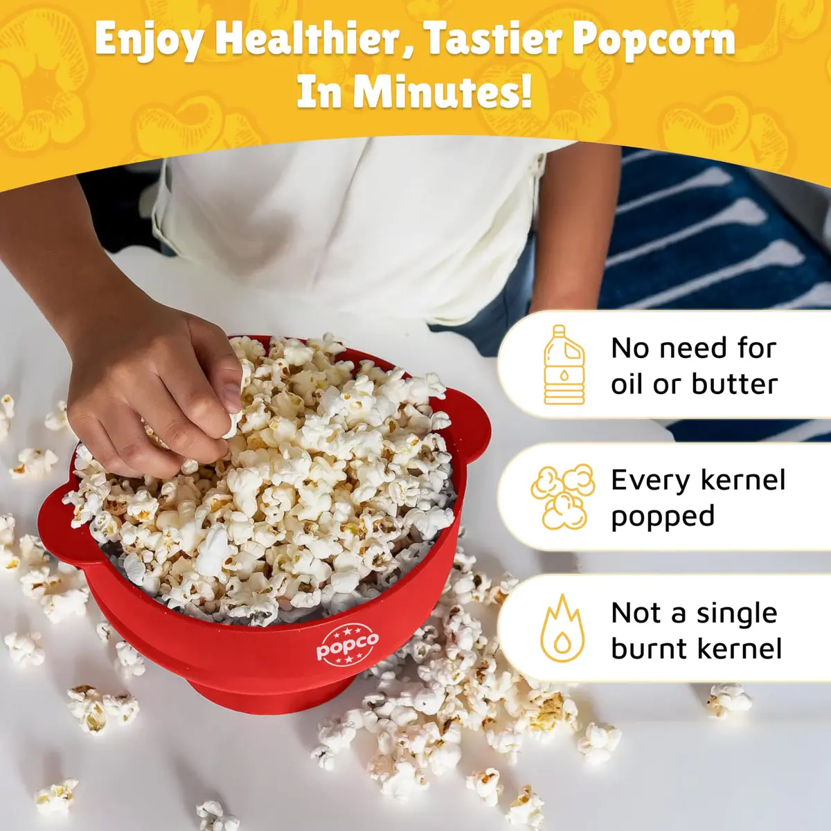 POPCO Red Microwave Popcorn Bowl - Collapsible Silicone Popper with Handles, 15 Cup Capacity | Healthy Snacks in Minutes - view 2