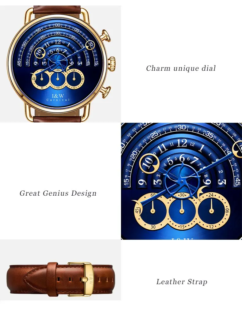 Carnival Men’s Chronograph Watch | Brown Leather Strap | 41MM Stainless Steel Case | Sapphire Glass | 30M Water Resistant - view 2
