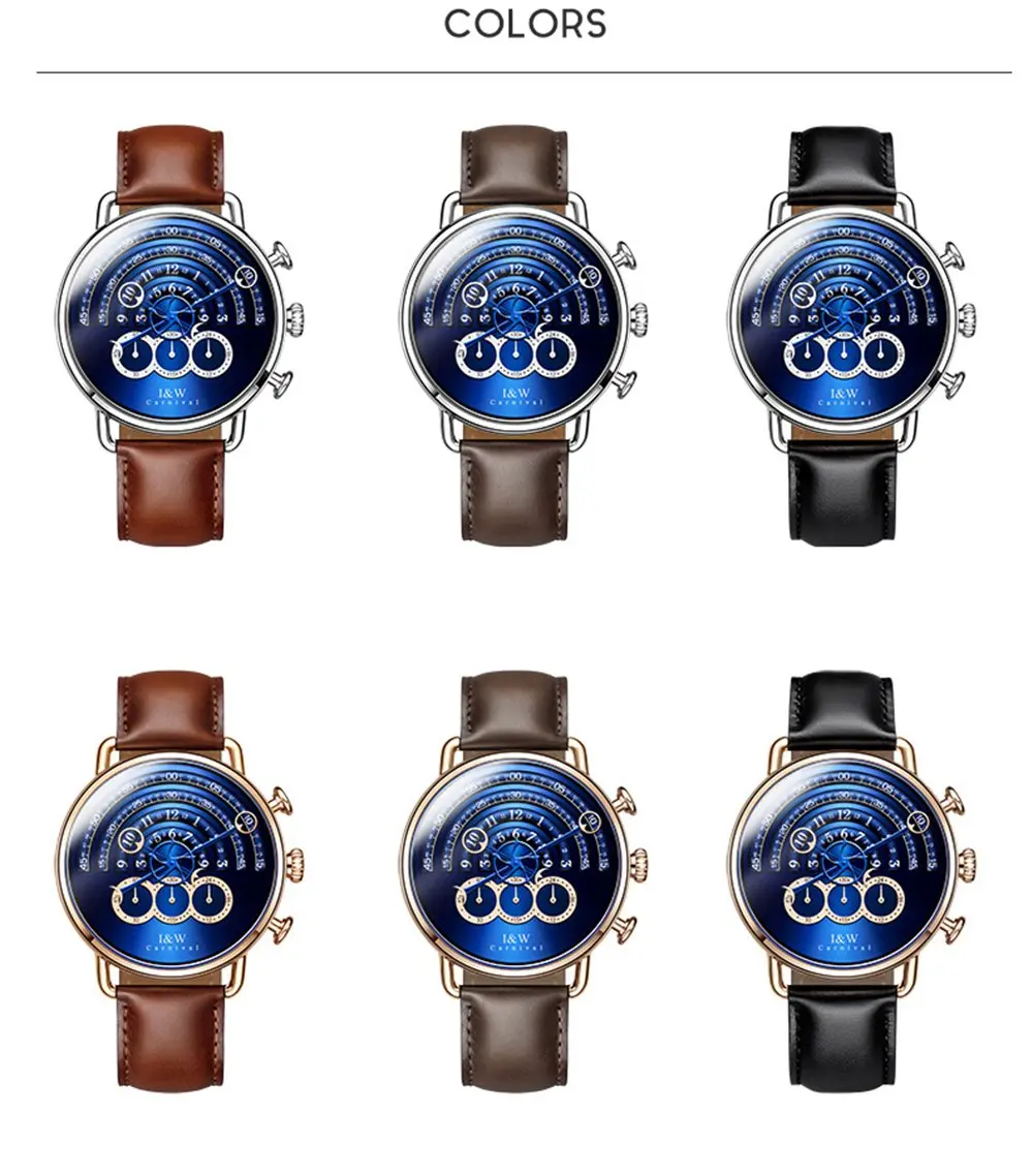 Carnival Men’s Chronograph Watch Leather Strap 41MM | Japanese Quartz, Sapphire Glass, 30M Water Resistance - view 5