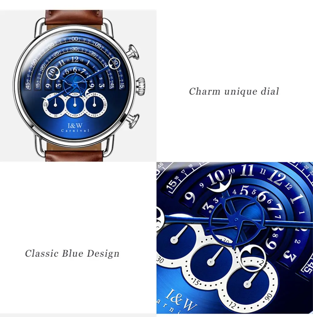 Carnival Men’s Chronograph Watch Leather Strap 41MM | Japanese Quartz, Sapphire Glass, 30M Water Resistance - view 2