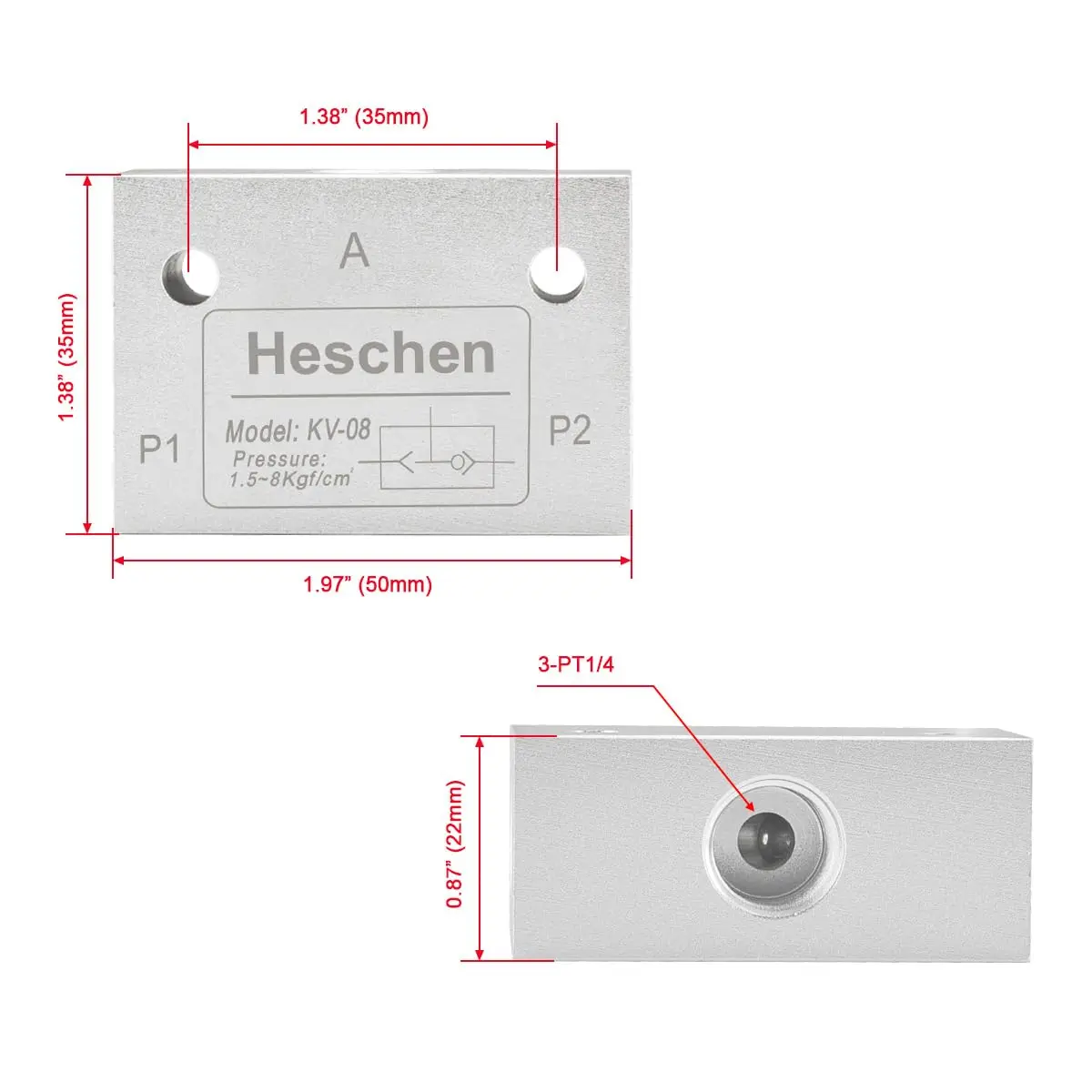 Heschen Pneumatic Shuttle Valve KV-08 PT1/4 Aluminum Alloy | Efficient Air Control - view 2