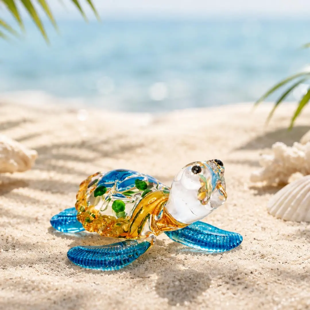 M Audomsak Hand Blown Art Glass Sea Turtle Figurine | Vibrant Coastal Decor, Unique Handmade Gift (2 in, 5.1 cm) - view 7