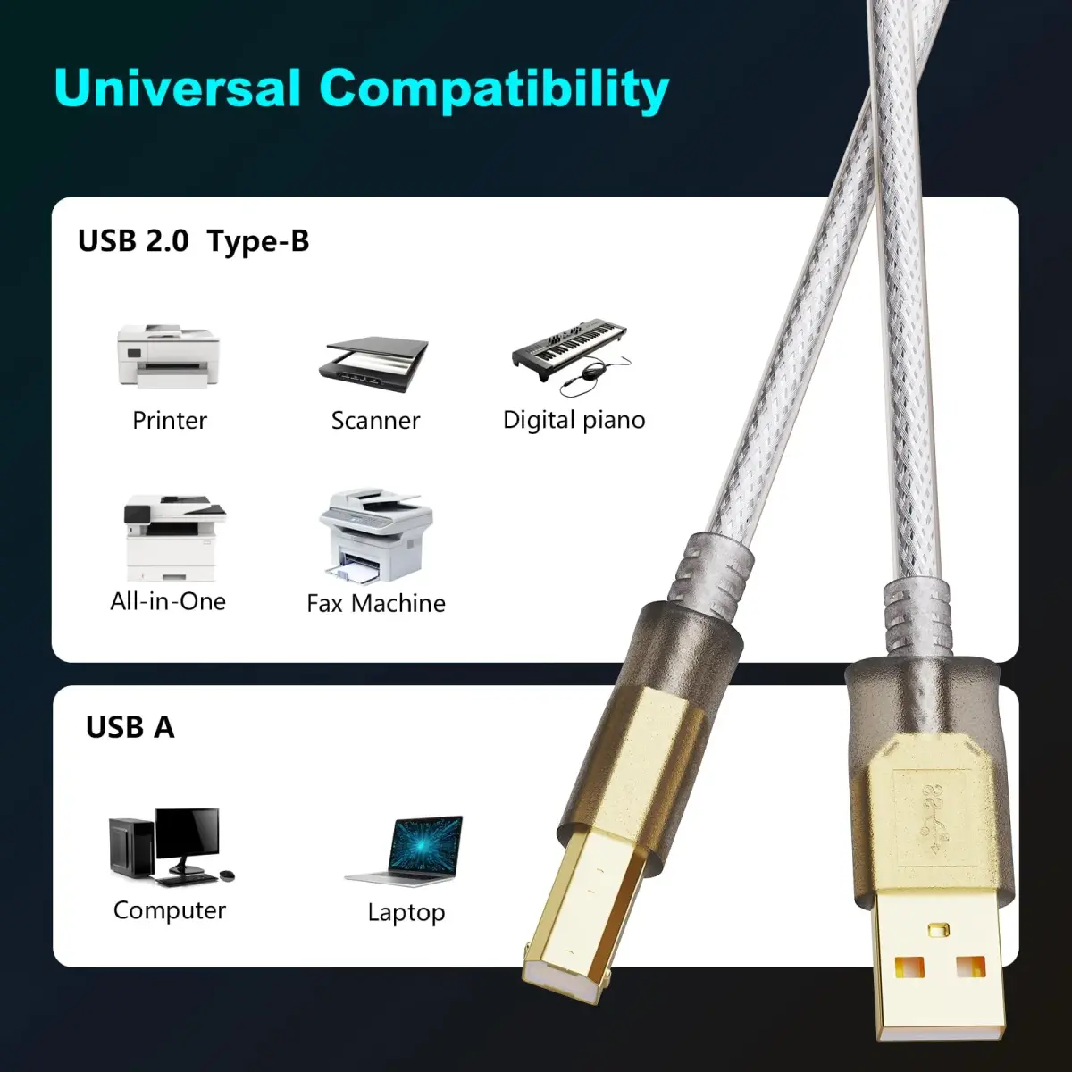 Jelly Tang USB 2.0 Printer Cable 1.5m (5 Ft) | High-Speed Data Transfer for Printers and Scanners - view 3