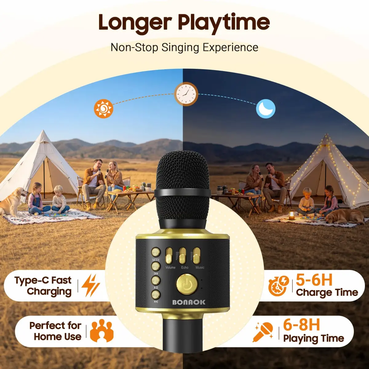 BONAOK Bluetooth Karaoke Microphone Q37 Black Gold | Wireless Handheld Mic with Speaker & Echo - view 4