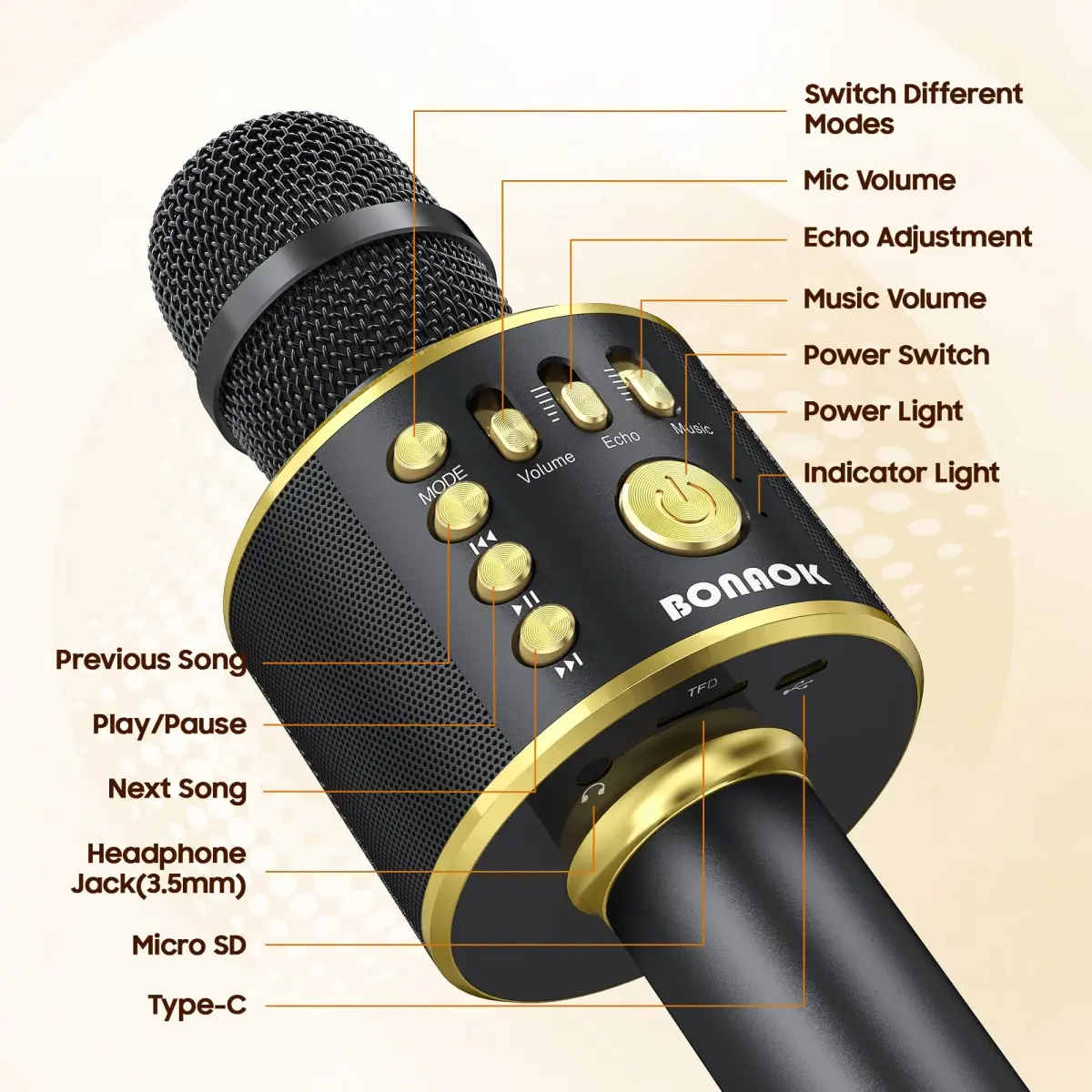 BONAOK Bluetooth Karaoke Microphone Q37 Black Gold | Wireless Handheld Mic with Speaker & Echo - view 5