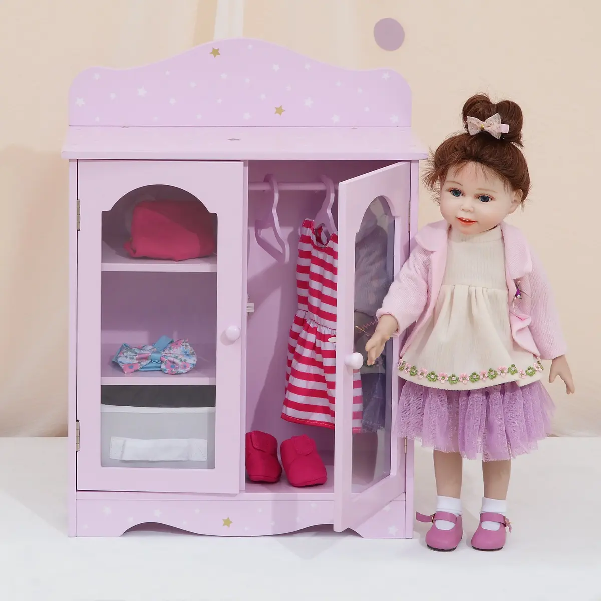 Olivia's Little World Twinkle Stars 18" Doll Closet with 3 Hangers, Shelves, & Canvas Bin, Purple | Doll Storage for Accessories & Clothes - view 8